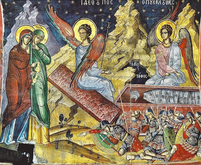 Icon of the Myrrh-bearing Women at the empty tomb, where angels show them the place where the Lord lay.